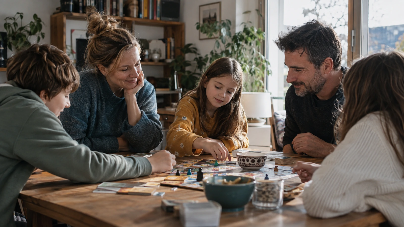 Cinq personnes jouent à un jeu de société autour de la table du salon