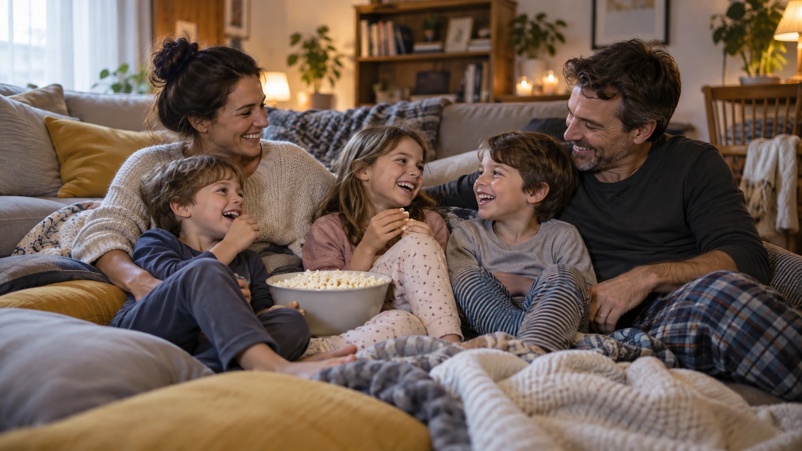 Des parents et trois enfants regardent un film sur le canapé avec un saladier de pop-corn