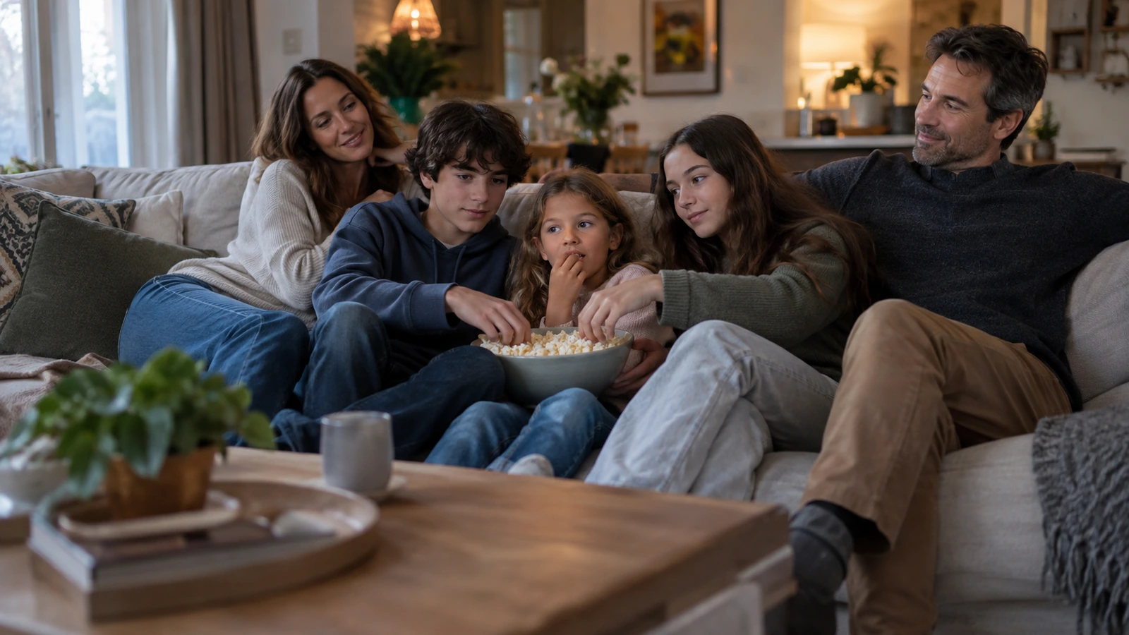 Deux adultes et trois adolescents regardent un film serrés sur le canapé