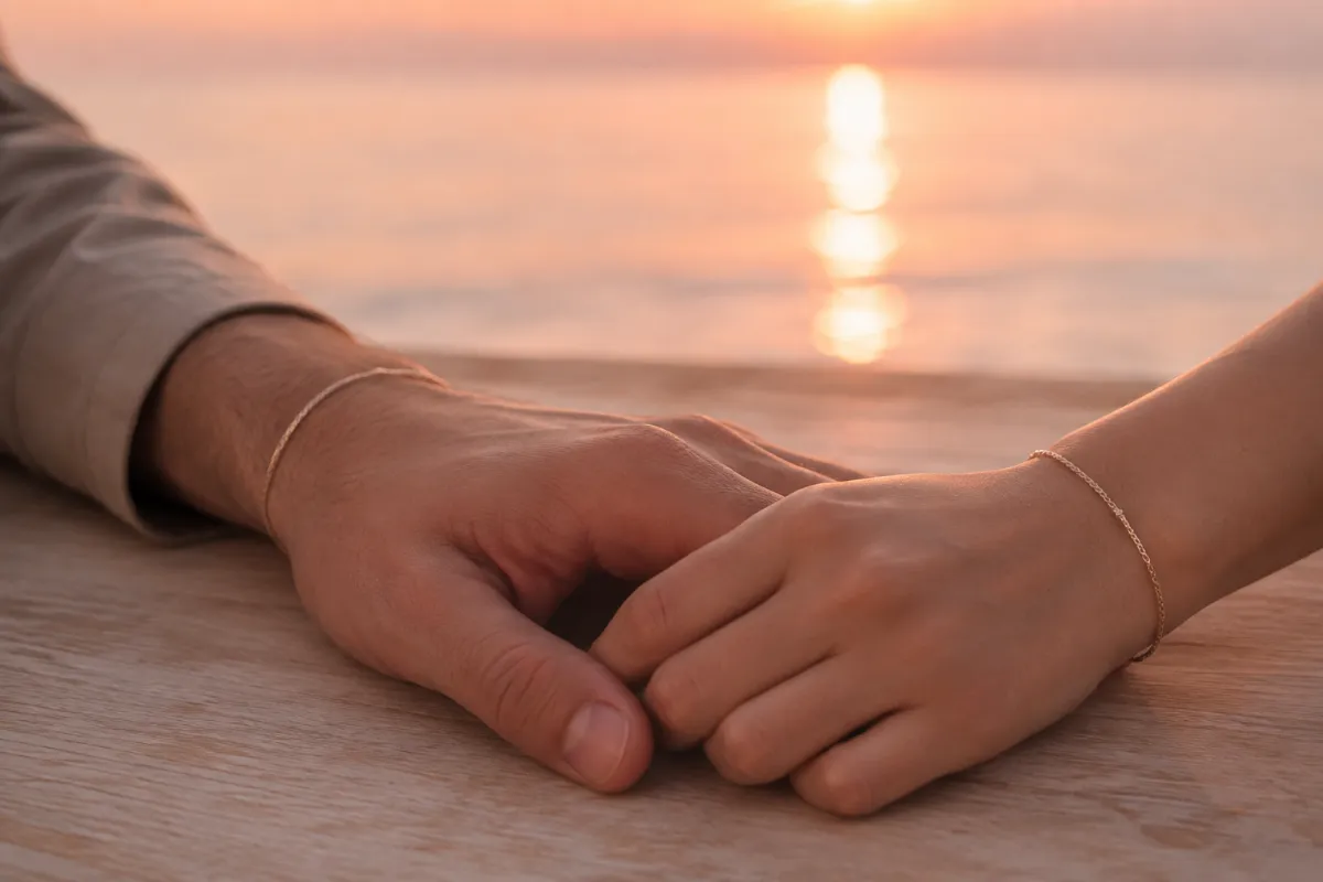 Deux mains posées côte à côte portant des bracelets assortis, au coucher du soleil