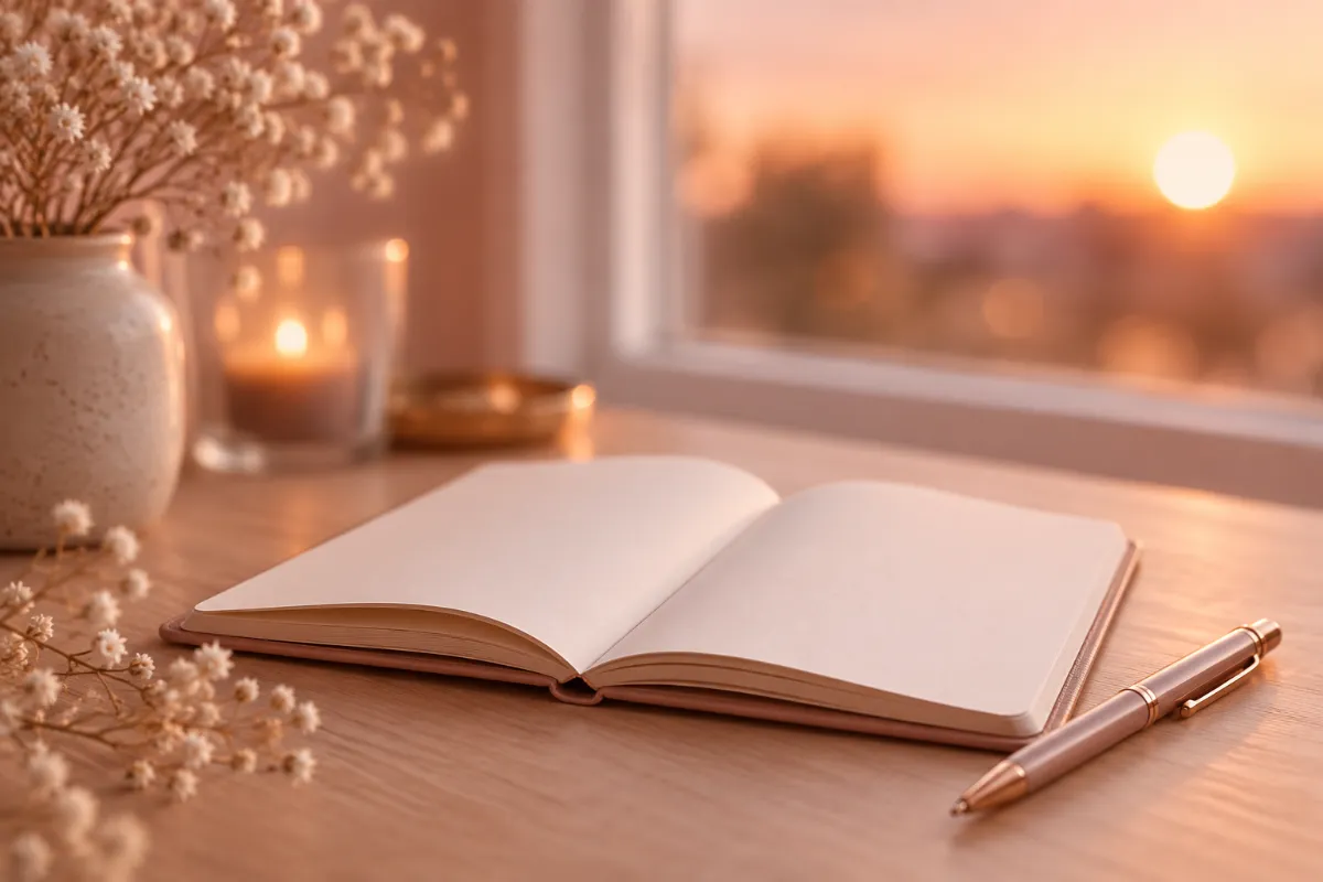 Carnet ouvert et stylo posés sur une table en bois près d'une fenêtre, lumière de fin de journée