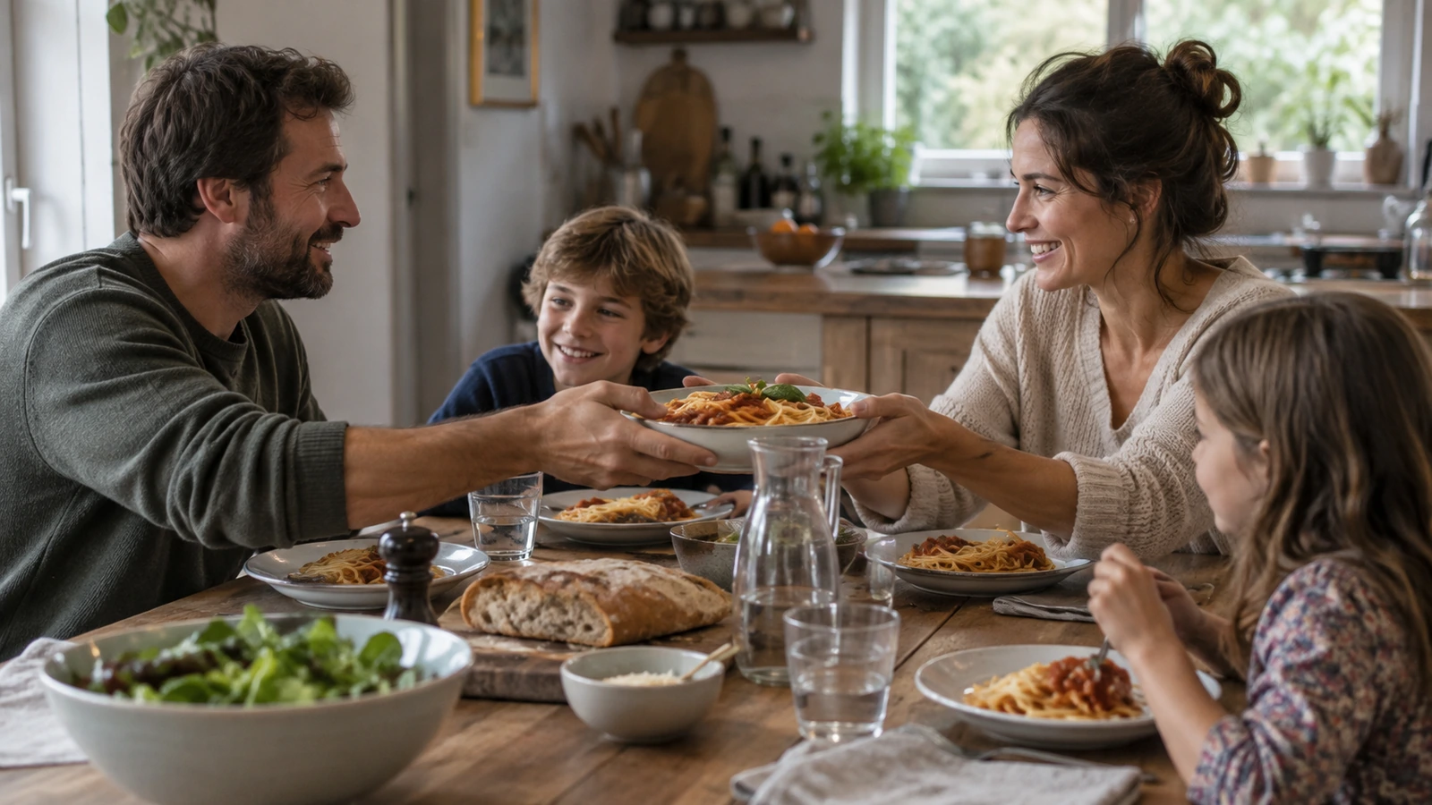 Une famille se passe un plat de pâtes autour de la table du dîner