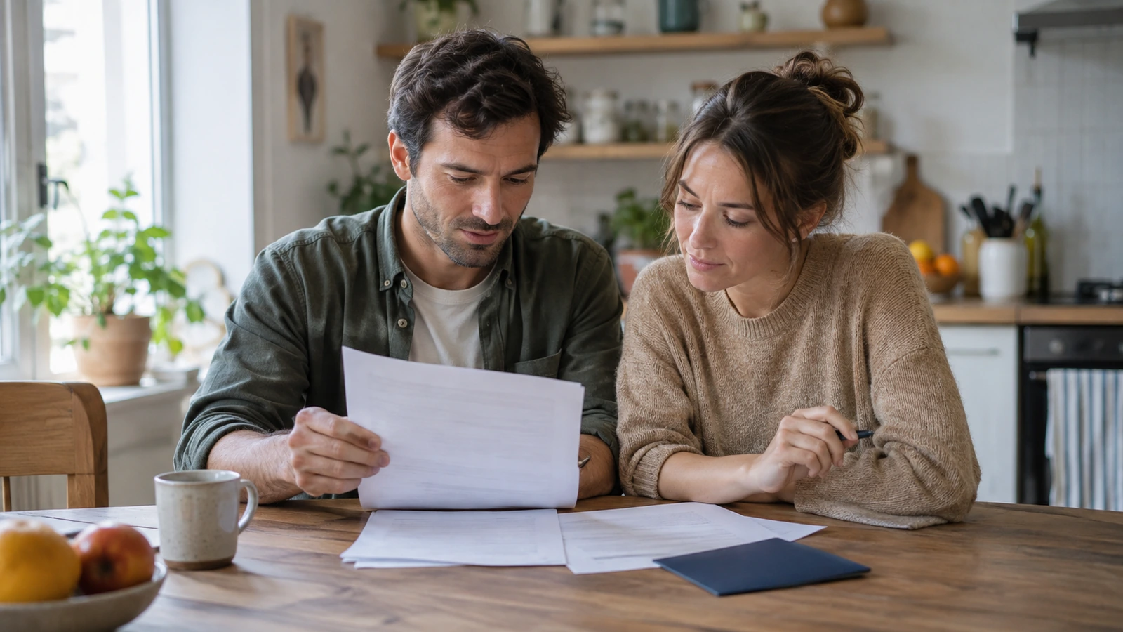 Un couple lit des documents administratifs à la table de la cuisine