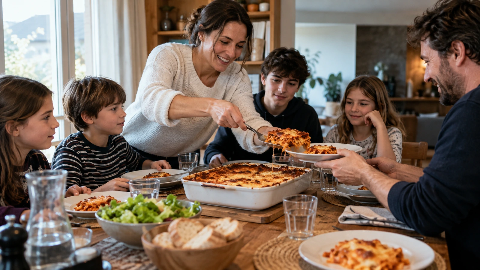 Une mère sert des parts de lasagnes à une tablée de six personnes