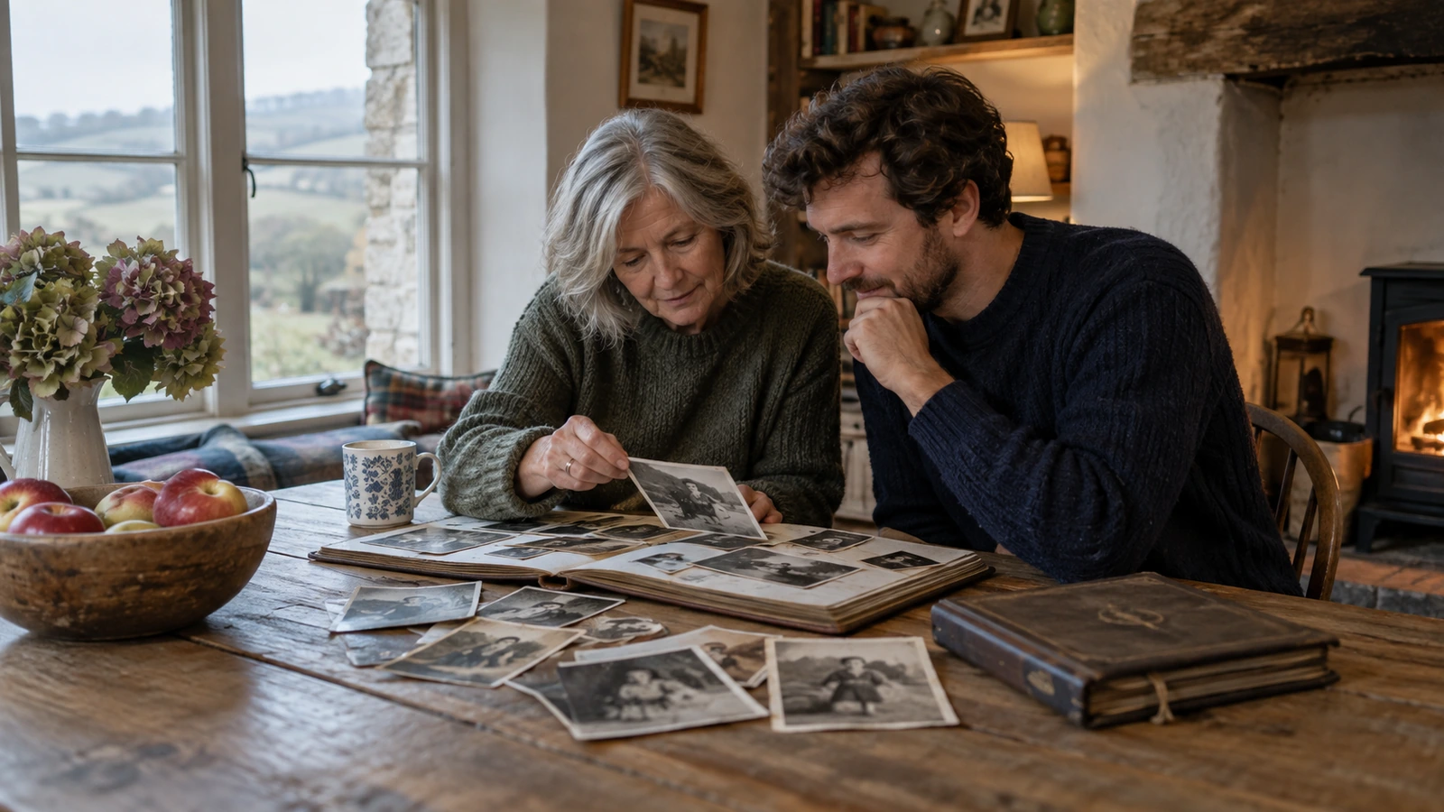 Une mère et son fils adulte feuillettent un album photo devant la cheminée d'un cottage