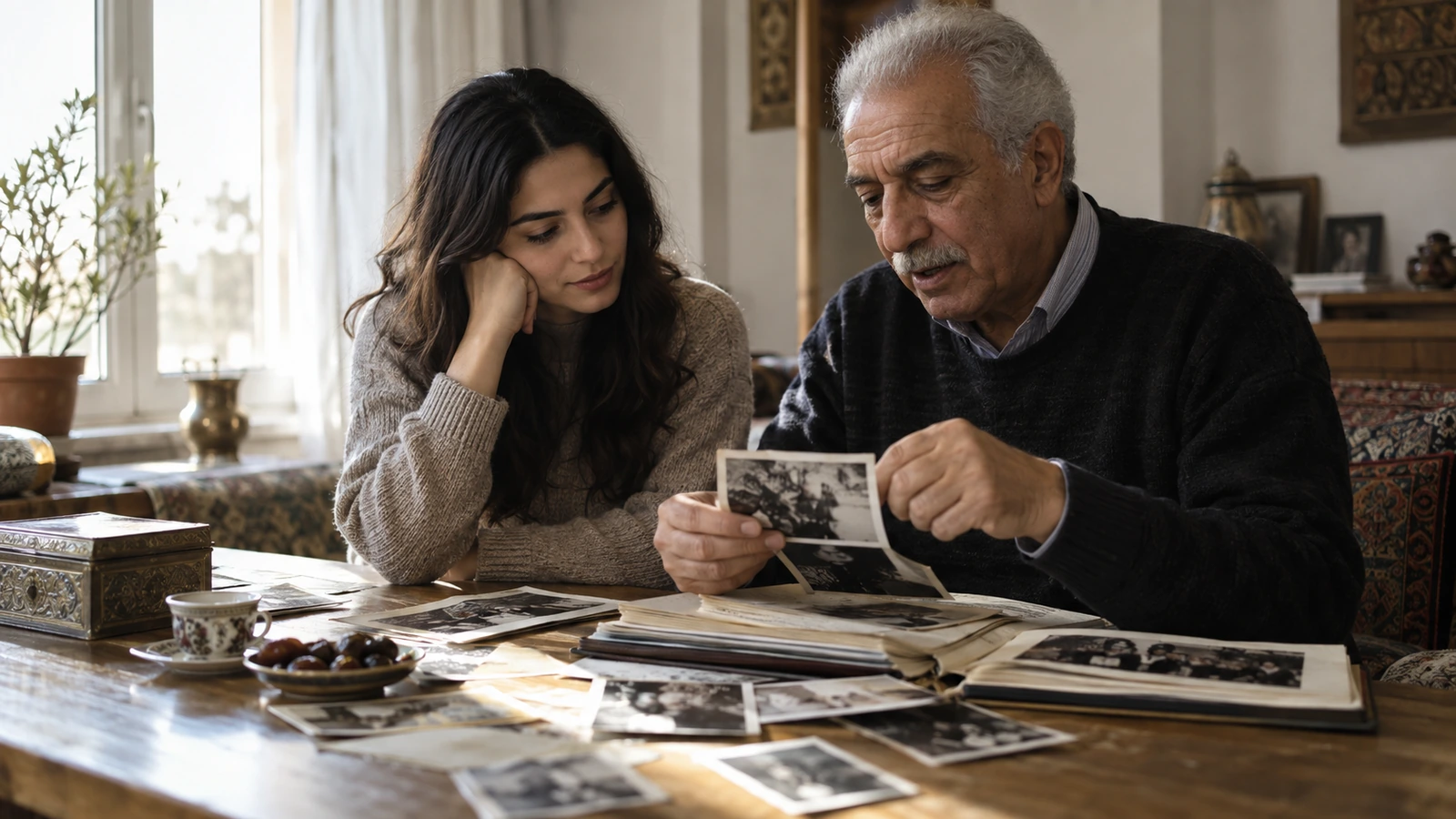 Un grand-père montre une photographie ancienne à sa petite-fille