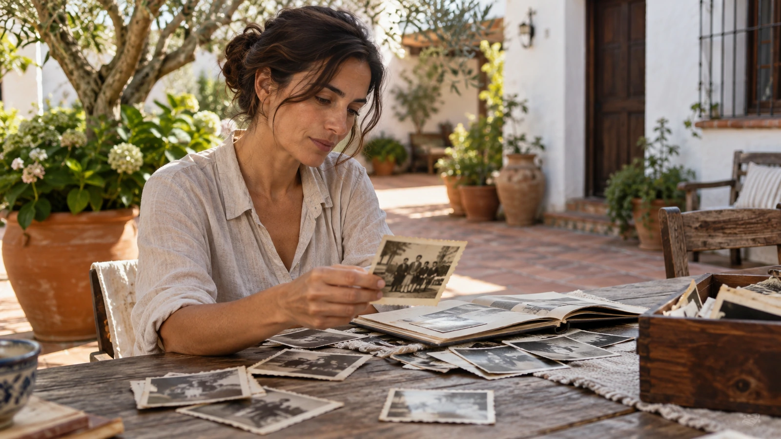 Une femme trie des photographies anciennes sur la table d'un patio andalou