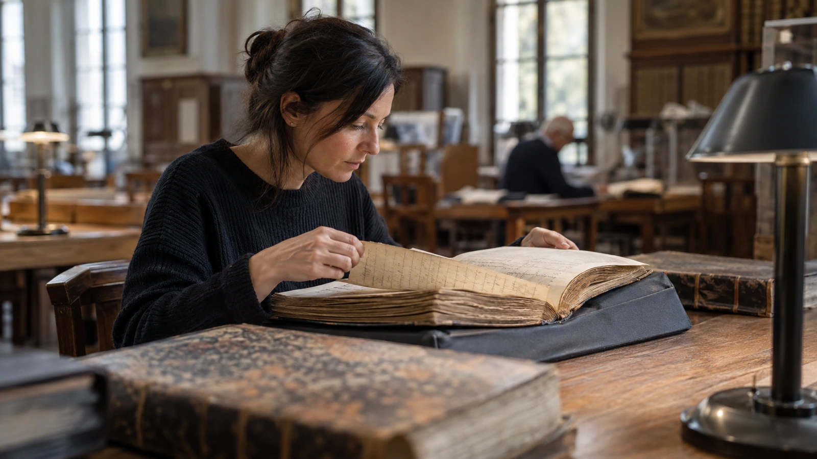 Une chercheuse consulte un registre manuscrit ancien dans une salle d'archives