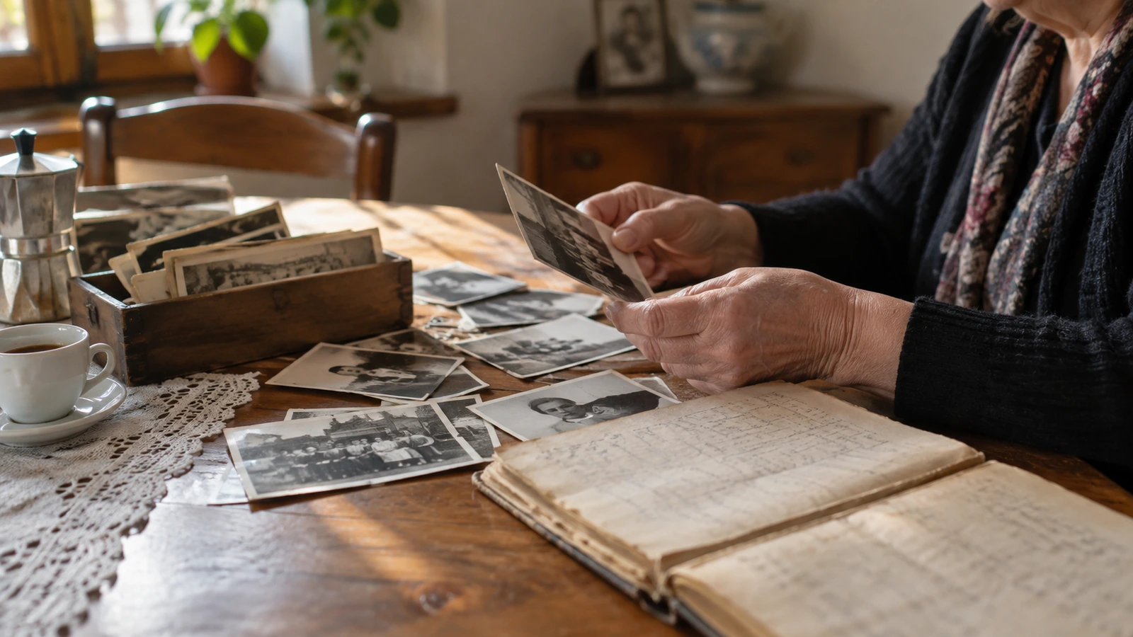 Les mains d'une femme âgée tiennent une photographie ancienne près d'un registre ouvert