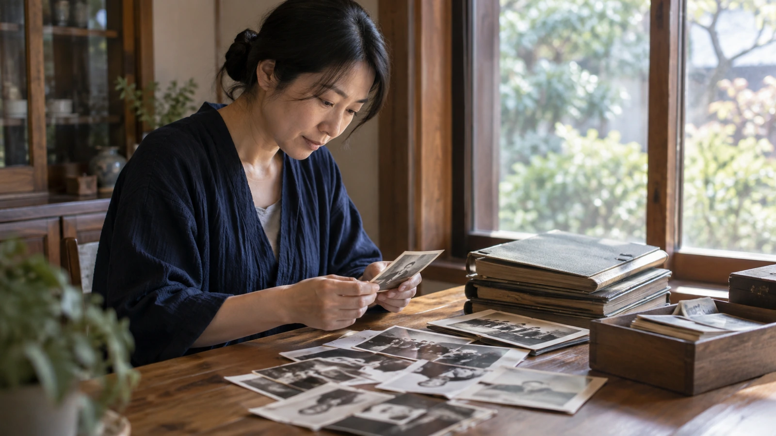 Une femme examine des photographies anciennes près d'une fenêtre, dans un intérieur japonais