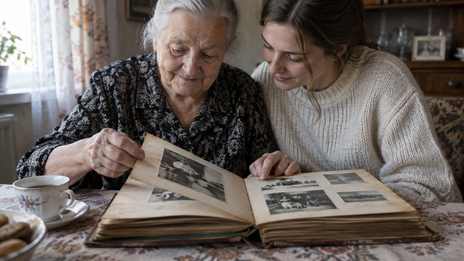 Une grand-mère et sa petite-fille feuillettent un album photo autour d'une tasse de thé
