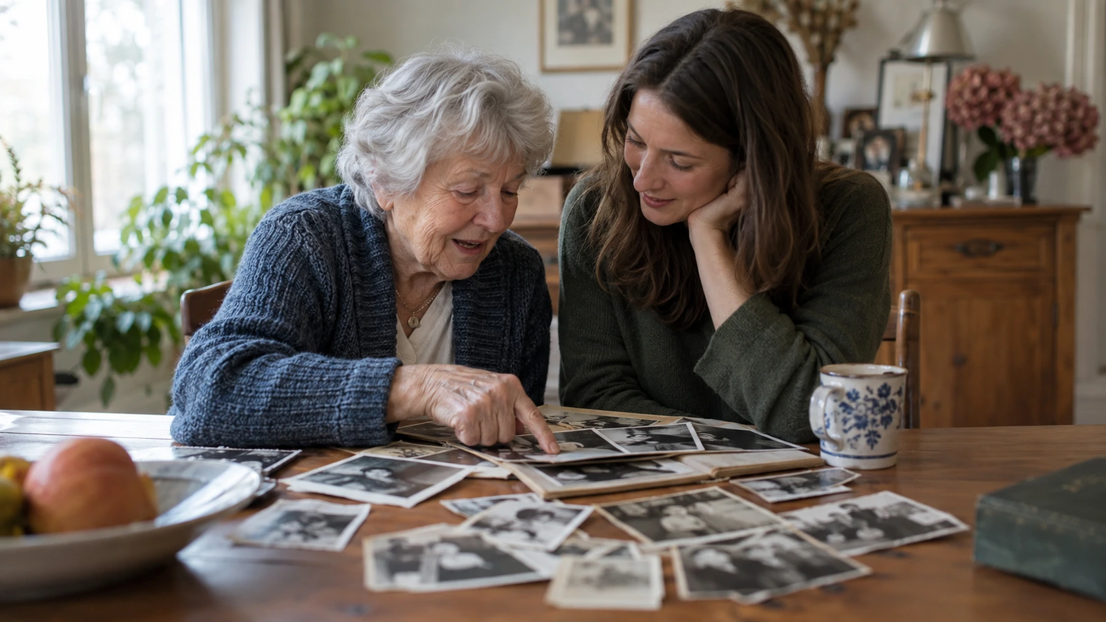 Une femme et sa grand-mère examinent des photographies anciennes étalées sur la table