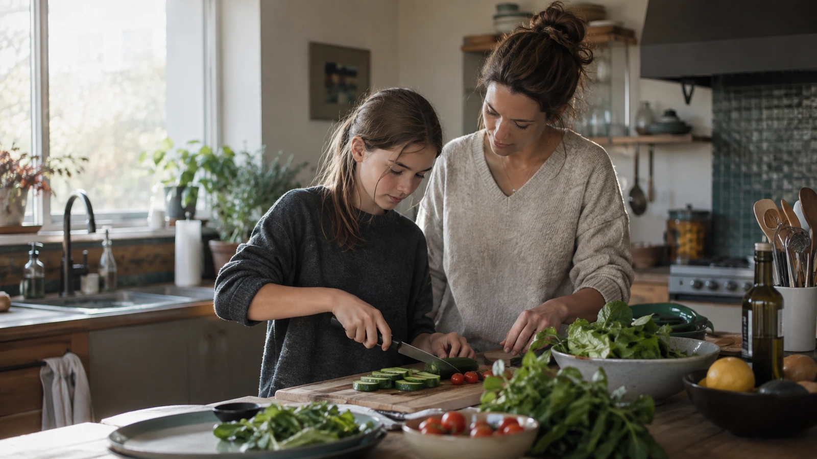 Une mère et sa fille adolescente préparent une salade côte à côte