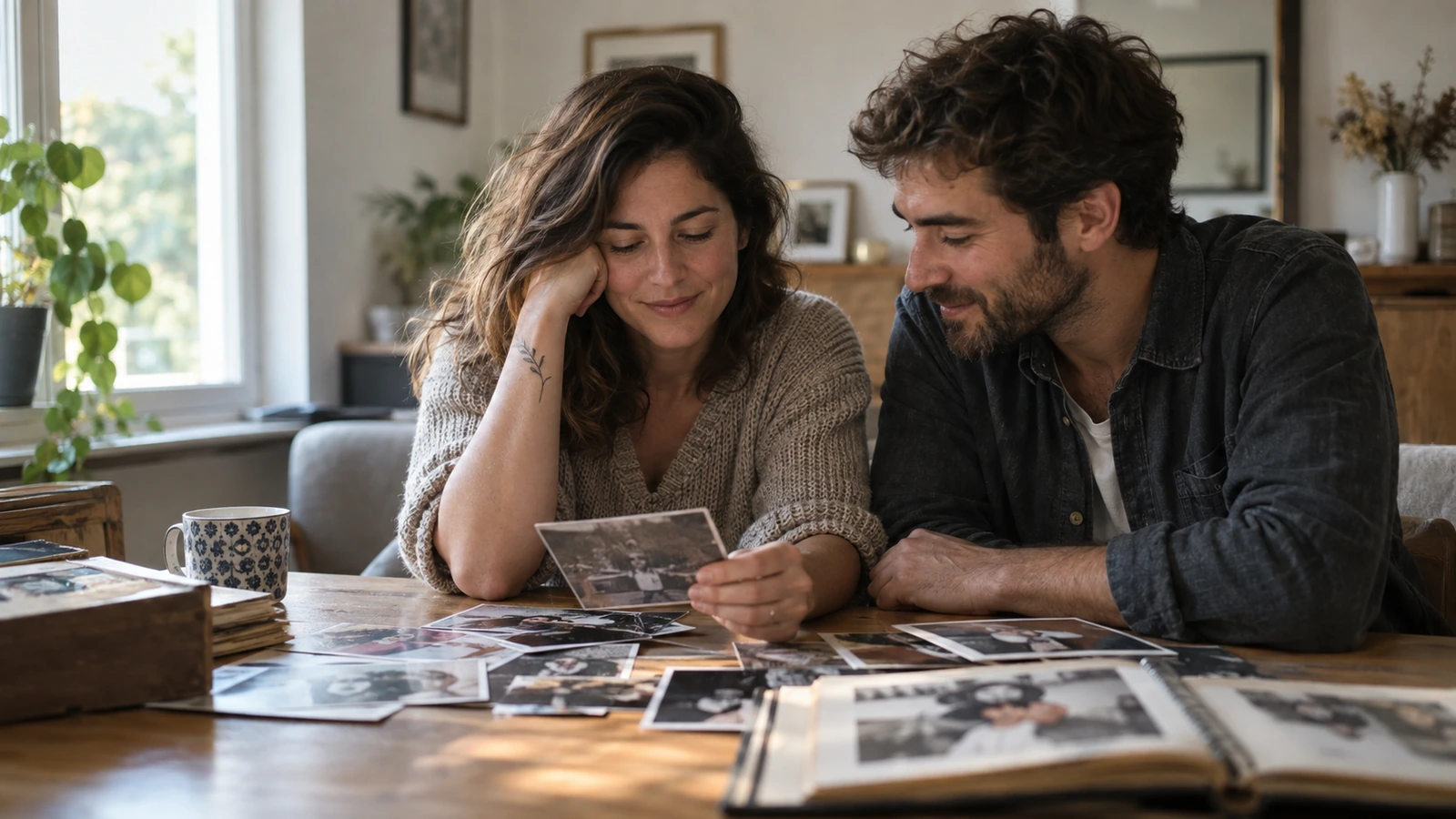 Un couple regarde d'anciennes photographies de famille étalées sur la table