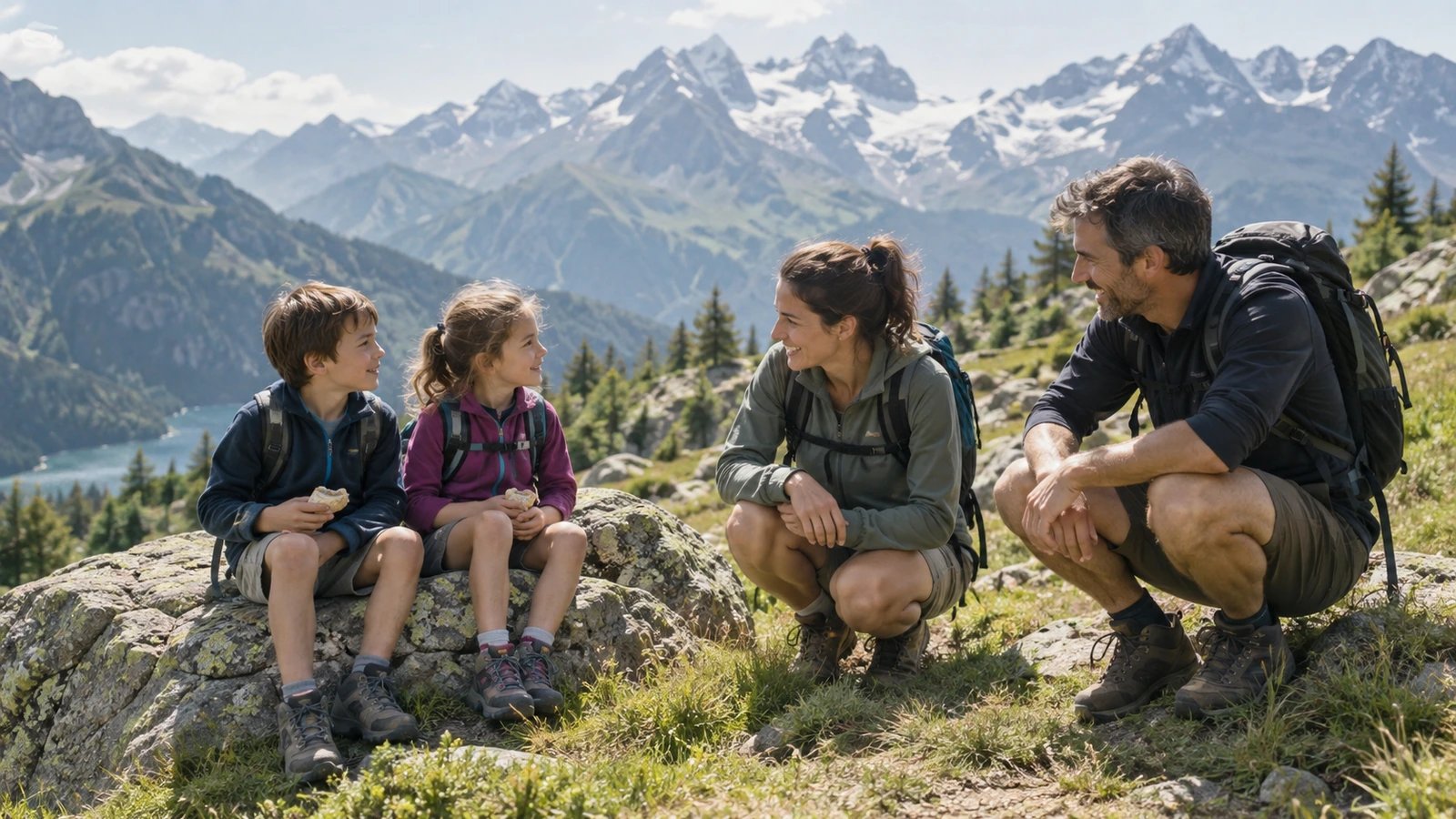 Une famille fait une pause en randonnée face à un panorama de montagne