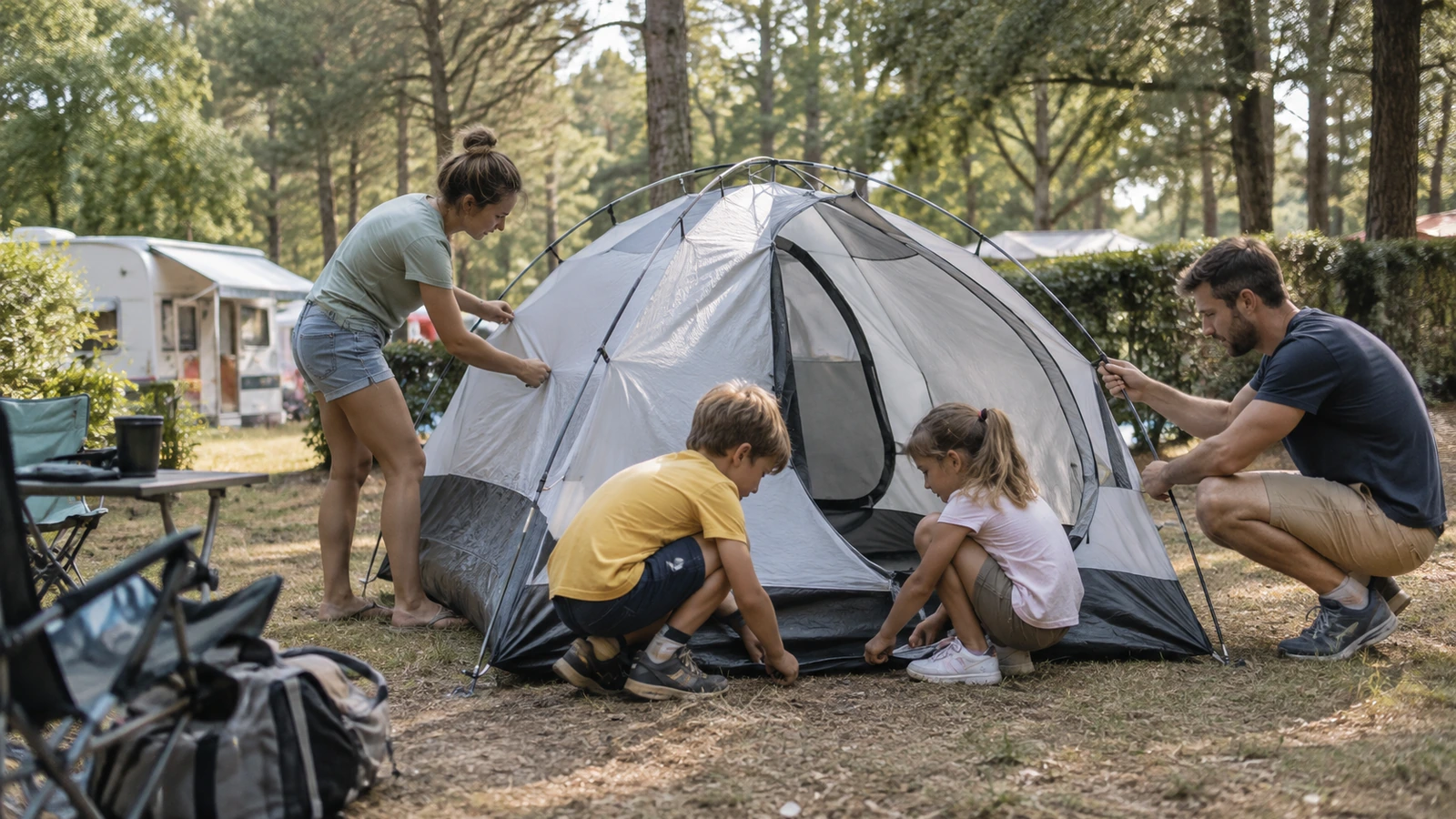 Une famille monte une tente sur un emplacement de camping ombragé