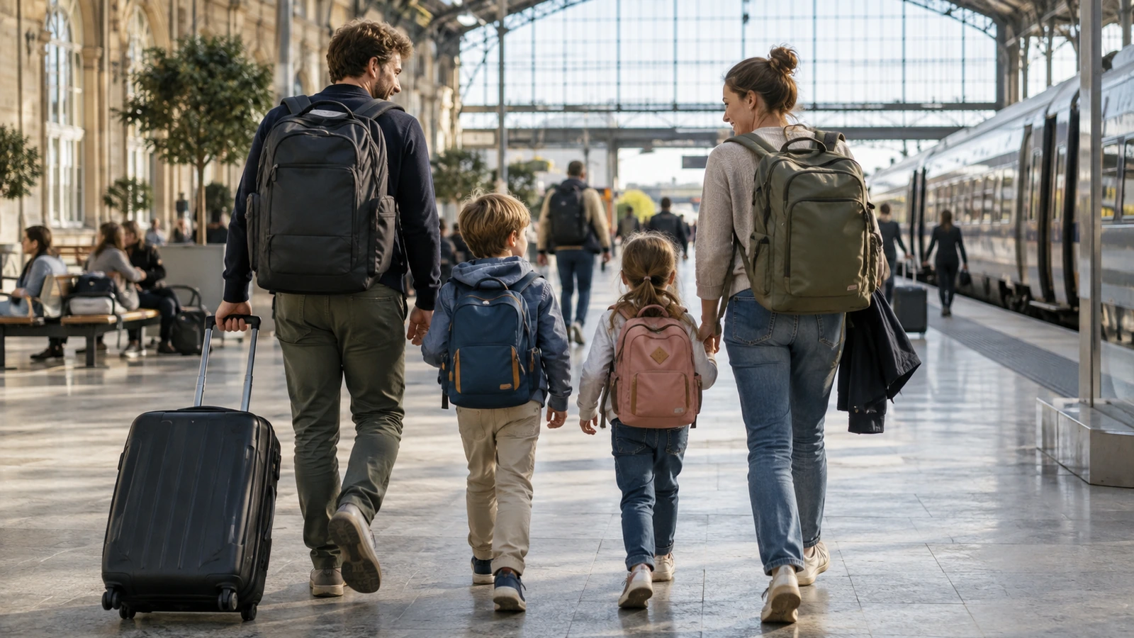 Une famille marche sur le quai d'une gare avec valises et sacs à dos
