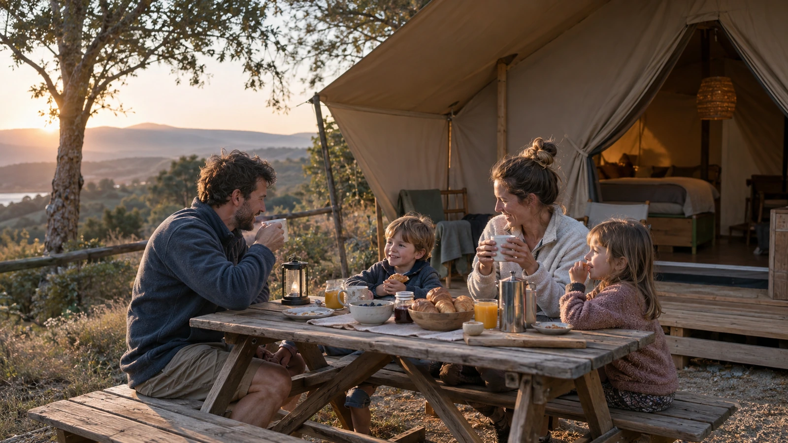 Une famille prend le petit-déjeuner devant une tente de glamping au lever du soleil